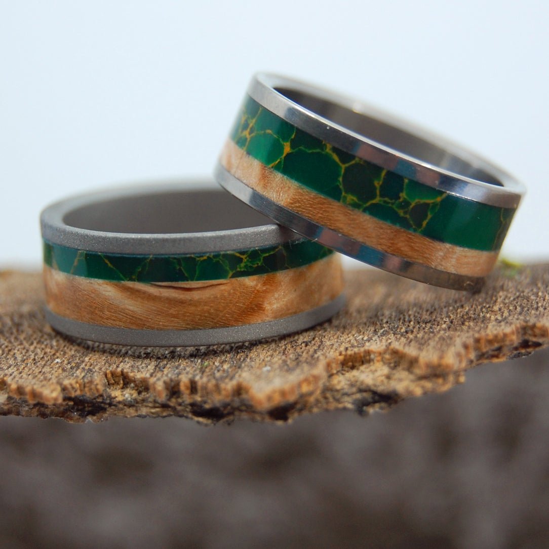 Hold My Hand | Egyptian Jade & Box Elder Wood Titanium Wedding Ring Set - Minter and Richter Designs