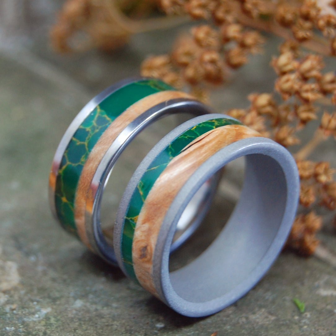 Hold My Hand | Egyptian Jade & Box Elder Wood Titanium Wedding Ring Set - Minter and Richter Designs