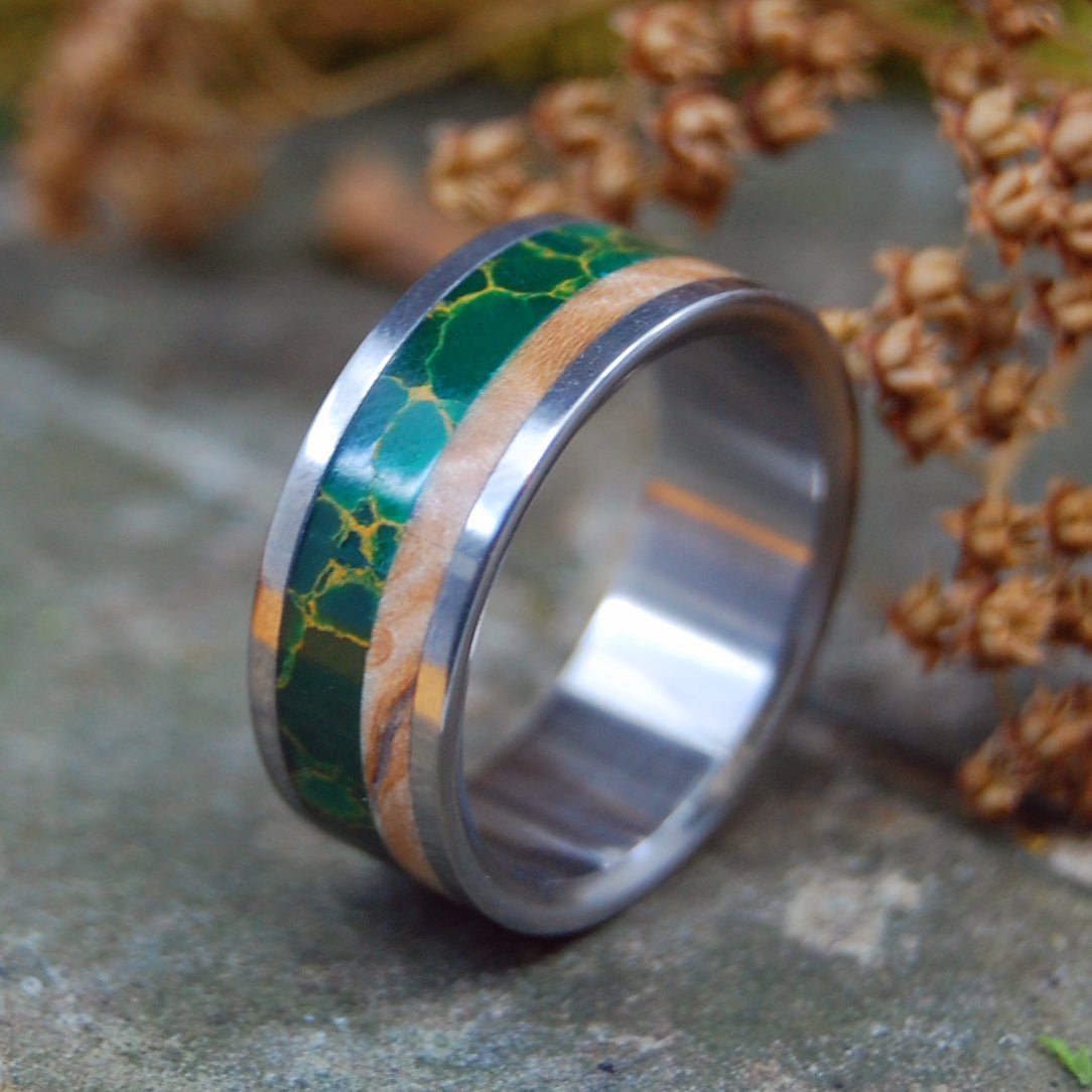 Hold My Hand | Men's Egyptian Jade, Wood & Titanium Wedding Ring - Minter and Richter Designs