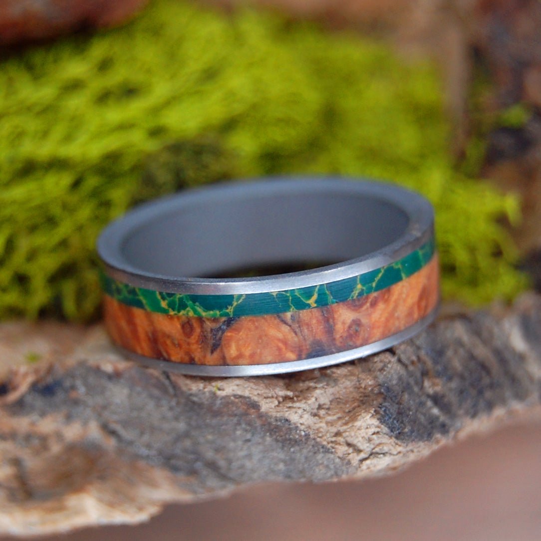 Hold My Hand Sandblasted And Satin | Men's Egyptian Jade, Wood & Titanium Wedding Ring - Minter and Richter Designs