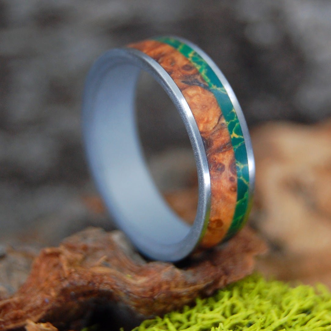 Hold My Hand Sandblasted And Satin | Men's Egyptian Jade, Wood & Titanium Wedding Ring - Minter and Richter Designs