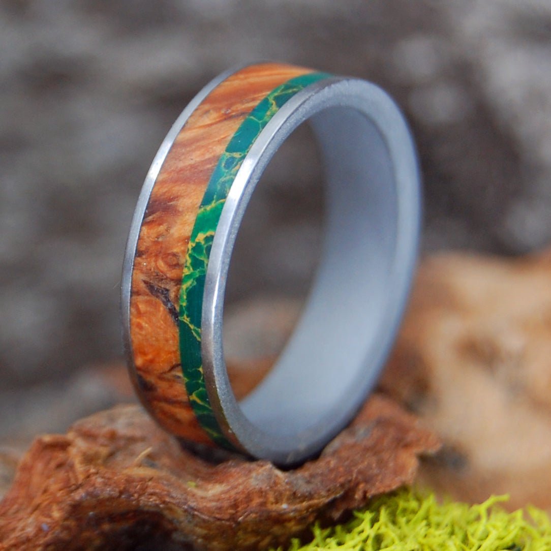 Hold My Hand Sandblasted And Satin | Men's Egyptian Jade, Wood & Titanium Wedding Ring - Minter and Richter Designs