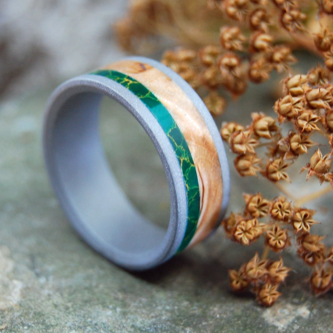 Hold My Hand Sandblasted | Men's Egyptian Jade, Wood & Titanium Wedding Ring - Minter and Richter Designs