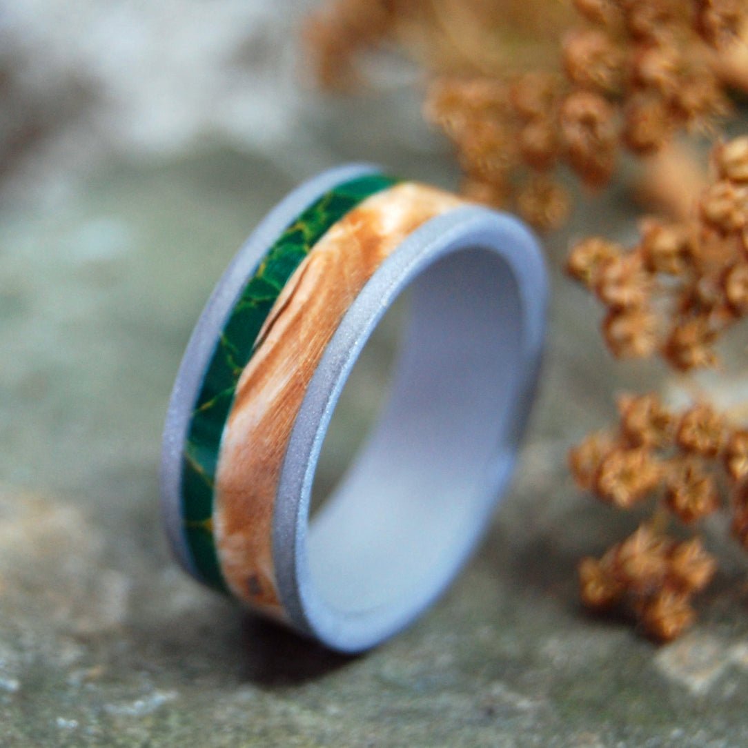 Hold My Hand Sandblasted | Men's Egyptian Jade, Wood & Titanium Wedding Ring - Minter and Richter Designs