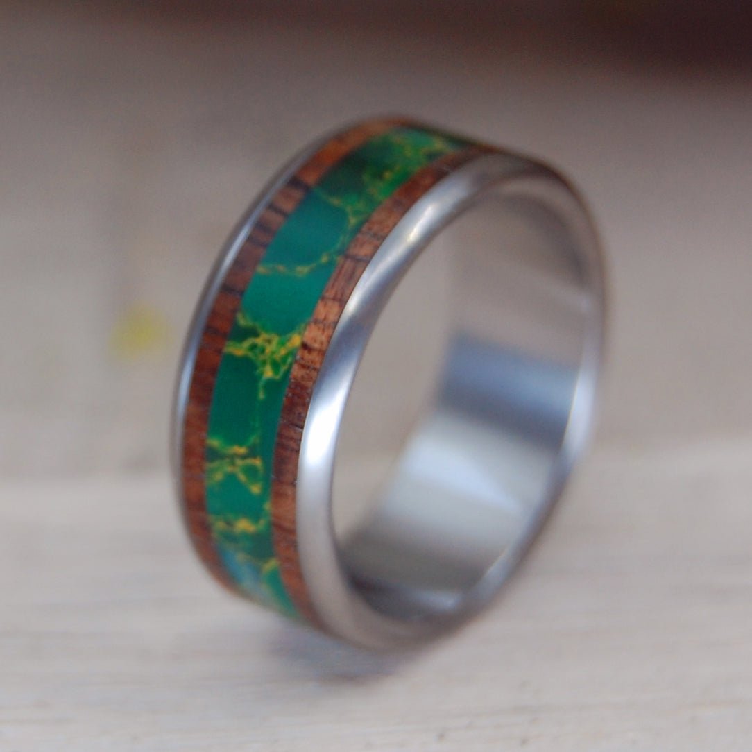 How Green The Valley | Men's Egyptian Jade Stone, Koa Wood & Titanium Wedding Ring - Minter and Richter Designs