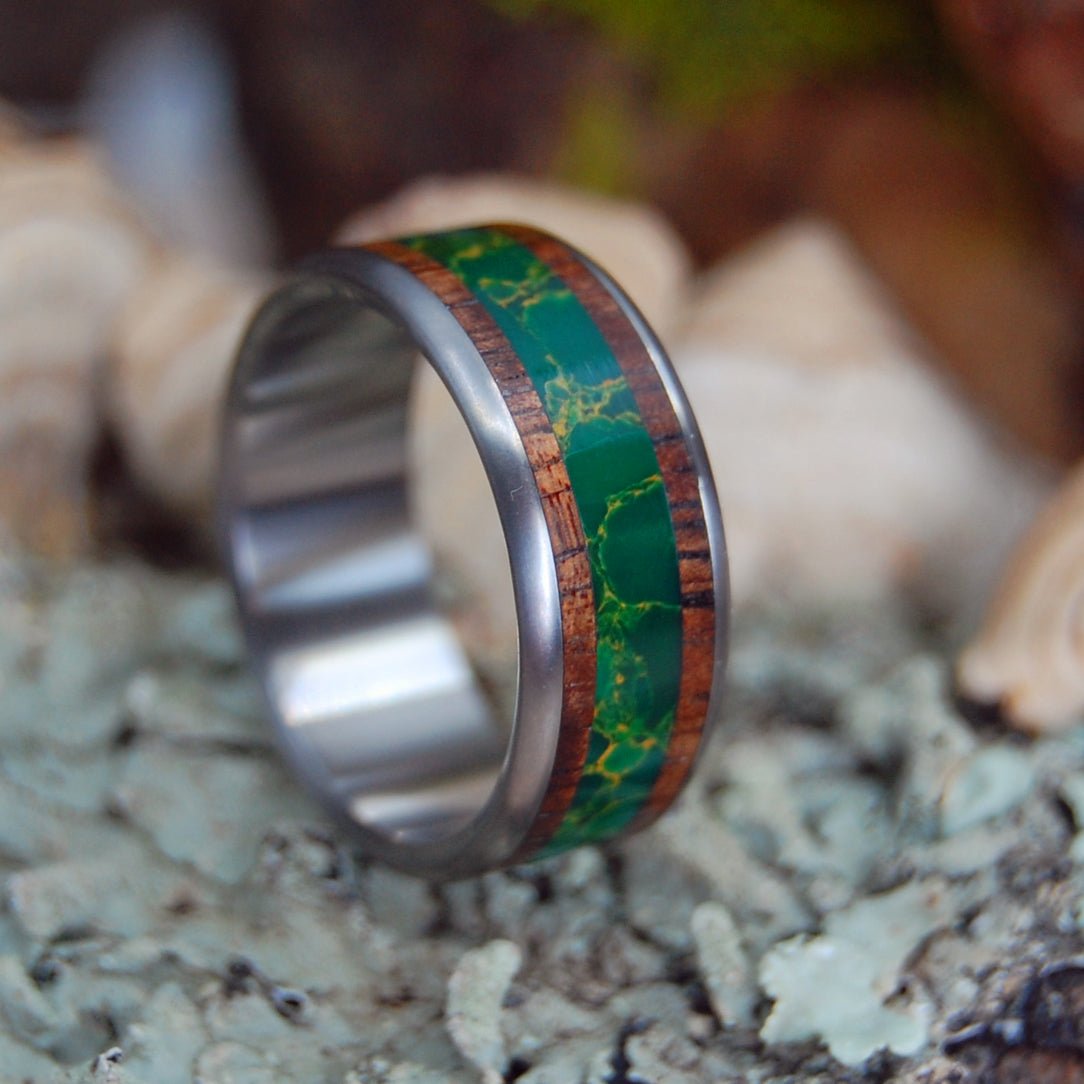 How Green The Valley | Men's Egyptian Jade Stone, Koa Wood & Titanium Wedding Ring - Minter and Richter Designs