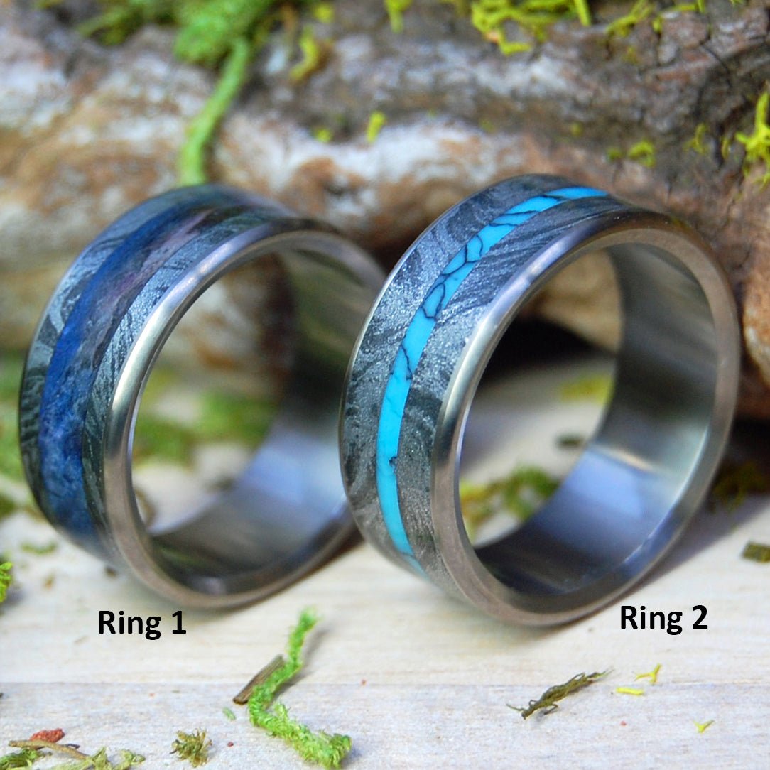 I Desire You & Desirous | Turquoise & Black Silver M3 Mokume Gane, Blue Box Elder Wood - Titanium Wedding Ring - Minter and Richter Designs