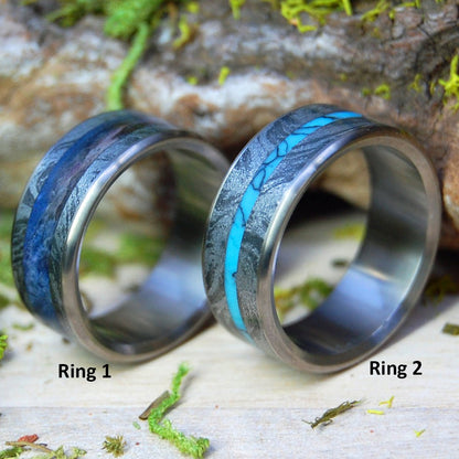 I Desire You & Desirous | Turquoise & Black Silver M3 Mokume Gane, Blue Box Elder Wood - Titanium Wedding Ring - Minter and Richter Designs