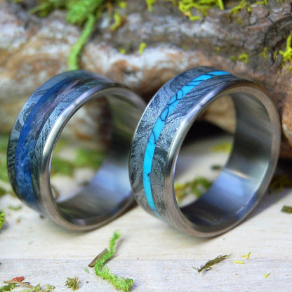 I Desire You & Desirous | Turquoise & Black Silver M3 Mokume Gane, Blue Box Elder Wood - Titanium Wedding Ring - Minter and Richter Designs