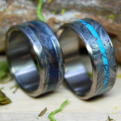 I Desire You & Desirous | Turquoise & Black Silver M3 Mokume Gane, Blue Box Elder Wood - Titanium Wedding Ring - Minter and Richter Designs