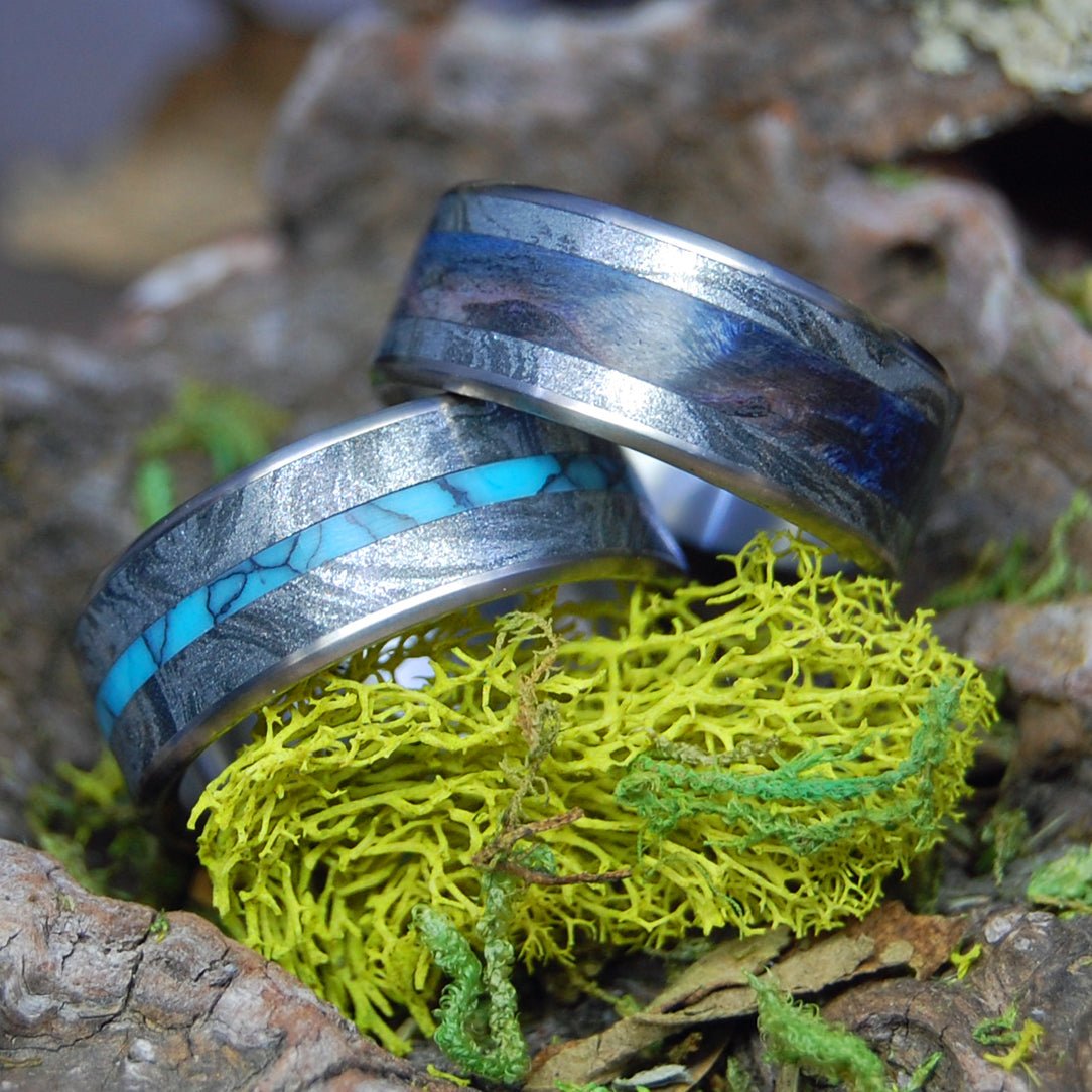 I Desire You & Desirous | Turquoise & Black Silver M3 Mokume Gane, Blue Box Elder Wood - Titanium Wedding Ring - Minter and Richter Designs