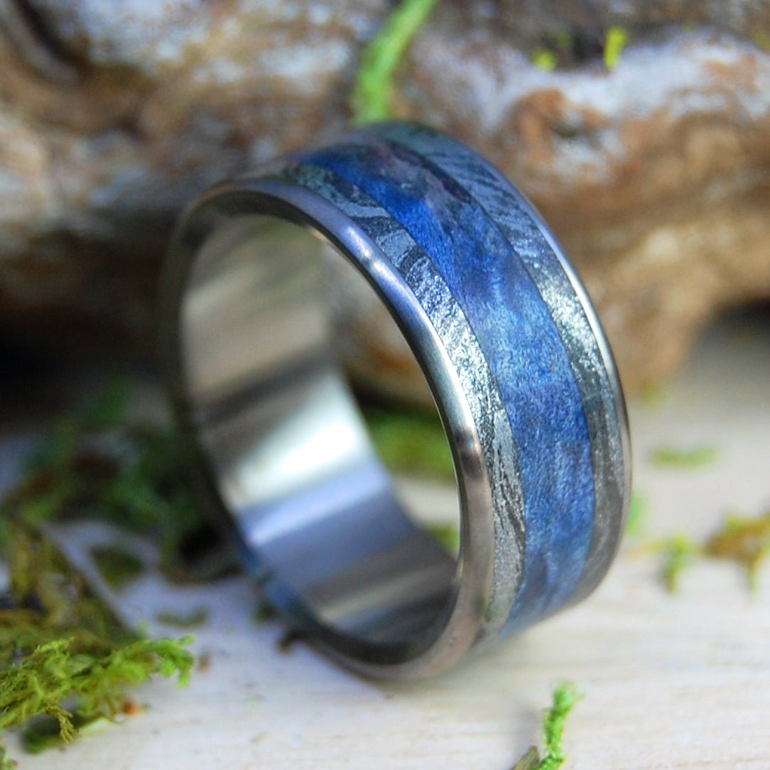 I Desire You | Men's Blue Box Elder, Black Silver Mokume Gane & Titanium Wedding Ring - Minter and Richter Designs