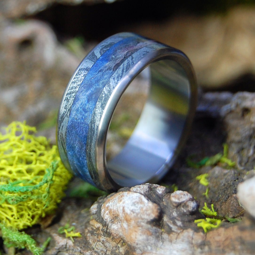 I Desire You | Men's Blue Box Elder, Black Silver Mokume Gane & Titanium Wedding Ring - Minter and Richter Designs