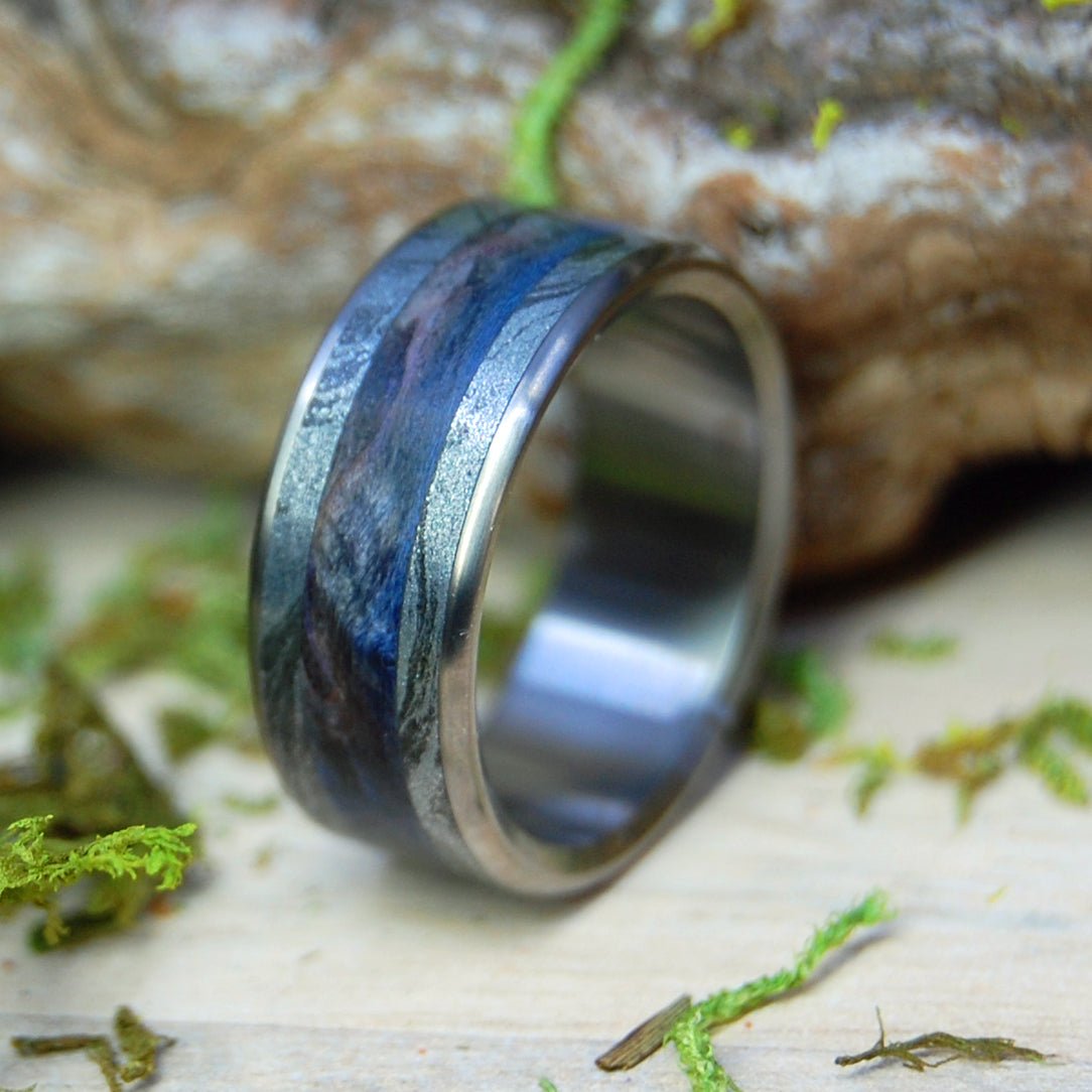 I Desire You | Men's Blue Box Elder, Black Silver Mokume Gane & Titanium Wedding Ring - Minter and Richter Designs