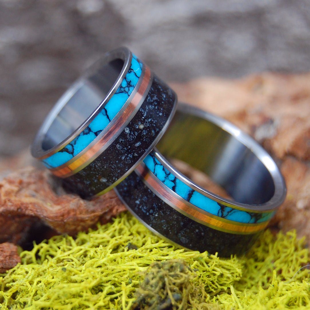 I Lava Iceland | Icelandic Beach Sand, Turquoise & Copper - Wedding Ring Set - Minter and Richter Designs