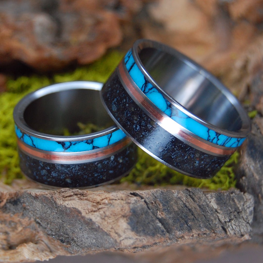 I Lava Iceland | Icelandic Beach Sand, Turquoise & Copper - Wedding Ring Set - Minter and Richter Designs