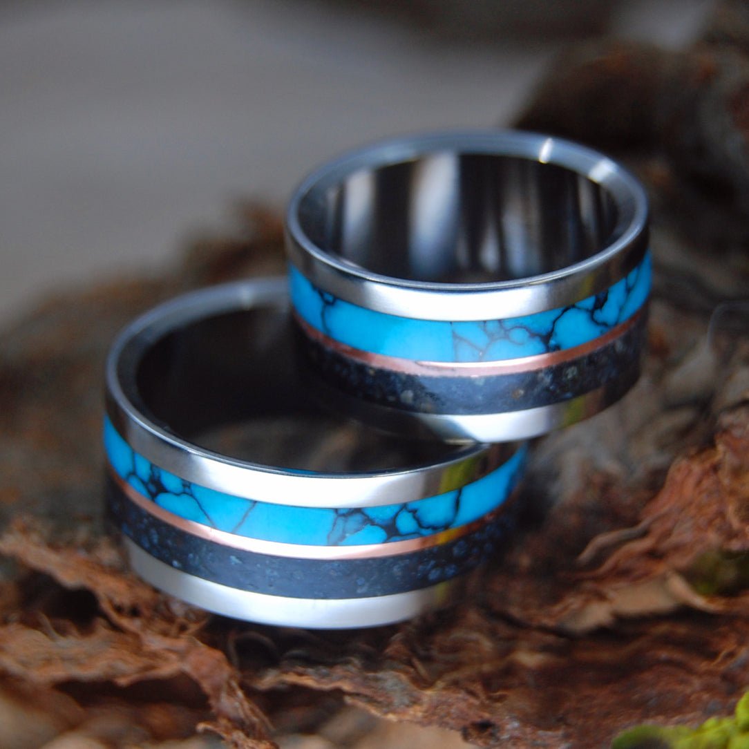 I Lava Iceland Ii | Icelandic Beach Sand, Turquoise & Copper - Wedding Ring Set - Minter and Richter Designs