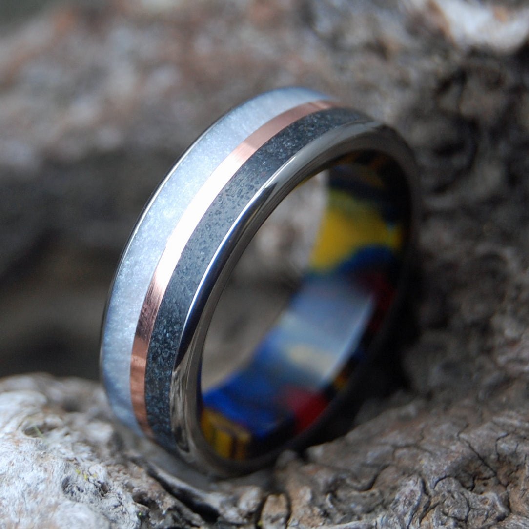 Icelandic Lava Burst | Men's Copper, Gray Marbled Opalescent, Icelandic Lava & Titanium Wedding Ring - Minter and Richter Designs