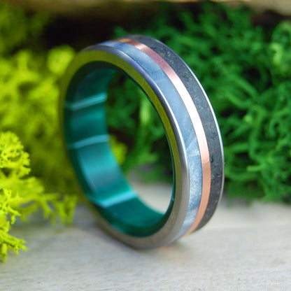 Icelandic Lava Green Burst | Men's Copper, Gray Marbled Opalescent, Icelandic Lava & Titanium Wedding Ring - Minter and Richter Designs