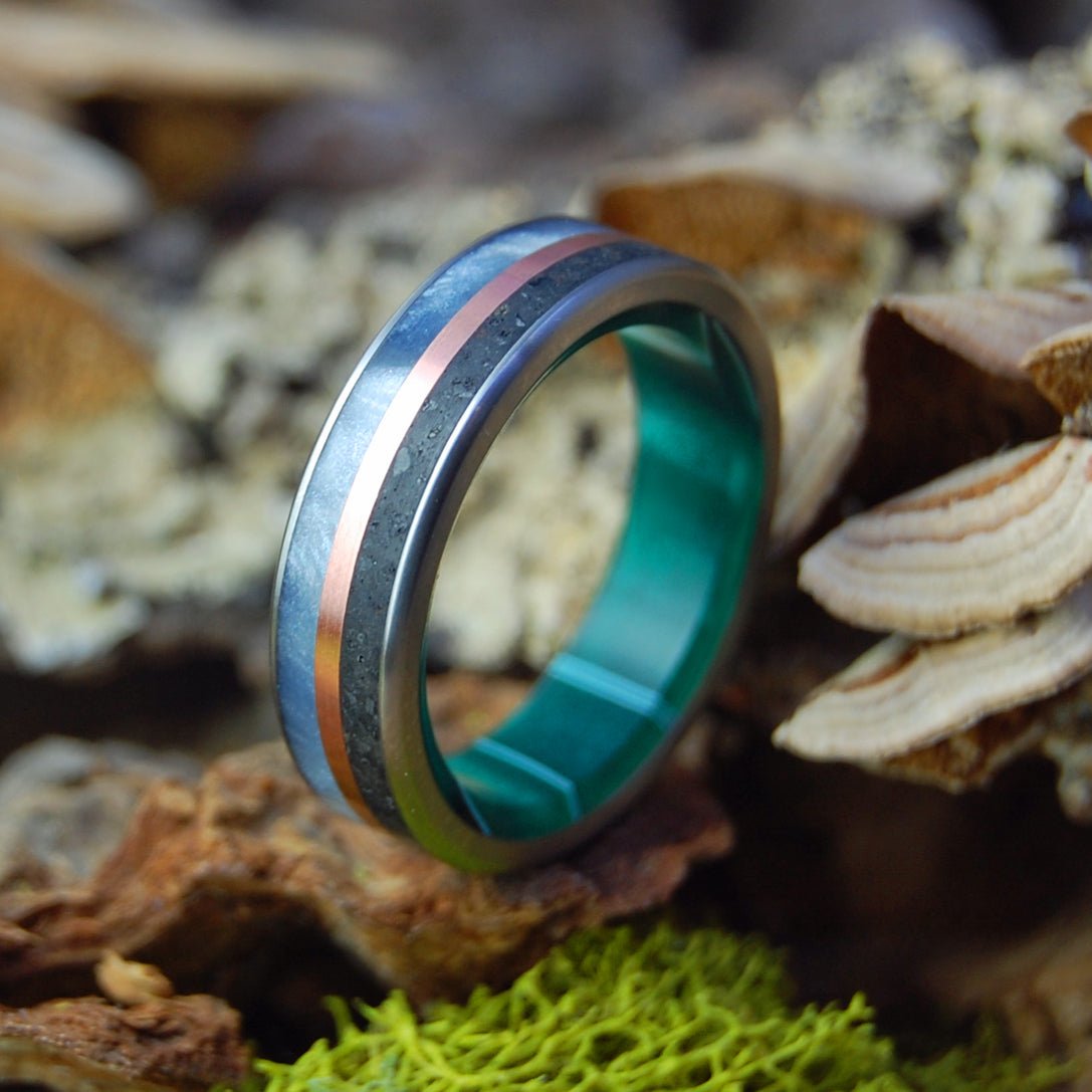 Icelandic Lava Green Burst | Men's Copper, Gray Marbled Opalescent, Icelandic Lava & Titanium Wedding Ring - Minter and Richter Designs