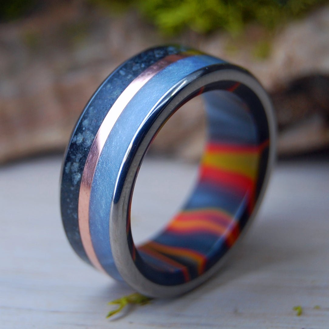 Icelandic Lava Solar Flare | Men's Copper, Gray Marbled Opalescent, Icelandic Lava & Titanium Wedding Ring - Minter and Richter Designs