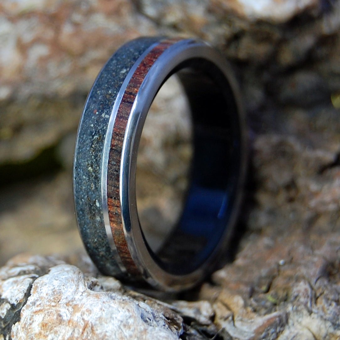 Icelandic Onyx Heart | Men's Onyx Stone, Beach Sand, Koa Wood & Titanium Wedding Ring - Minter and Richter Designs