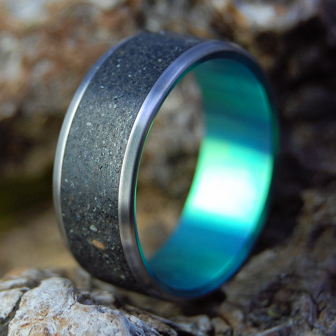 ICELANDIC GREEN AURORA | Beach Sand Lava - Titanium Wedding Ring - Minter and Richter Designs