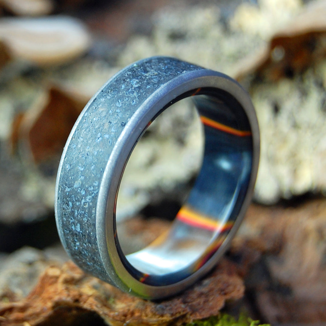 ICELANDIC 1973 LAVA ERUPTION | Icelandic Lava with Solar Flare resin interior - Titanium & Copper Men's Wedding Rings - Minter and Richter Designs