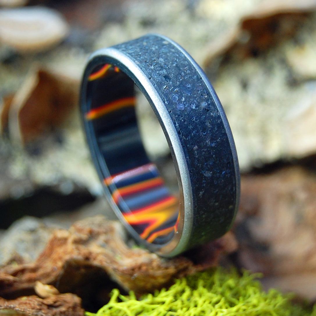 ICELANDIC 1973 LAVA ERUPTION | Icelandic Lava with Solar Flare resin interior - Titanium & Copper Men's Wedding Rings - Minter and Richter Designs