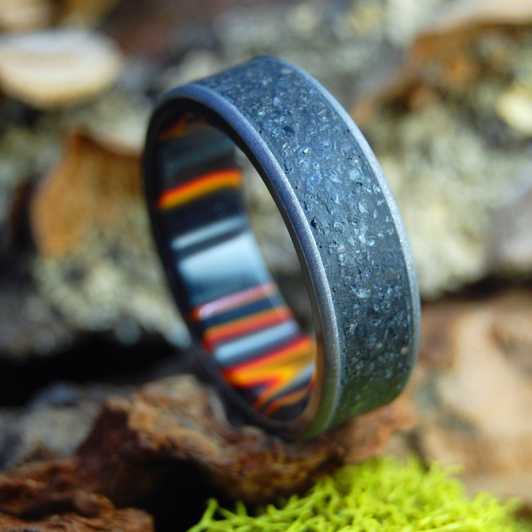 ICELANDIC 1973 LAVA ERUPTION | Icelandic Lava with Solar Flare resin interior - Titanium & Copper Men's Wedding Rings - Minter and Richter Designs