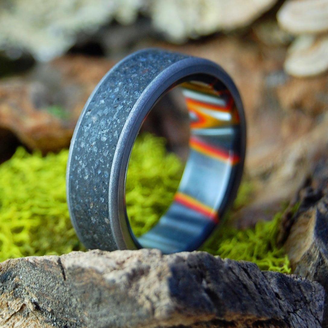 ICELANDIC 1973 LAVA ERUPTION | Icelandic Lava with Solar Flare resin interior - Titanium & Copper Men's Wedding Rings - Minter and Richter Designs