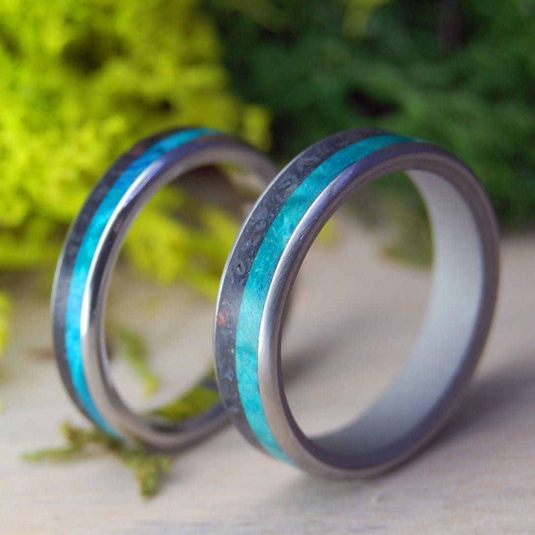 Inox Lava Turquoise I & Ii | Wood And Icelandic Lava - Inox Steel Wedding Ring - Minter and Richter Designs