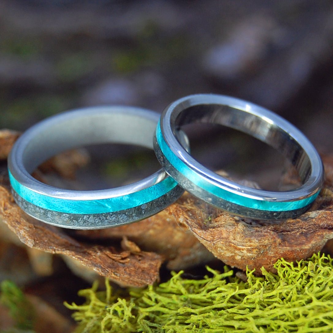 Inox Lava Turquoise I & Ii | Wood And Icelandic Lava - Inox Steel Wedding Ring - Minter and Richter Designs