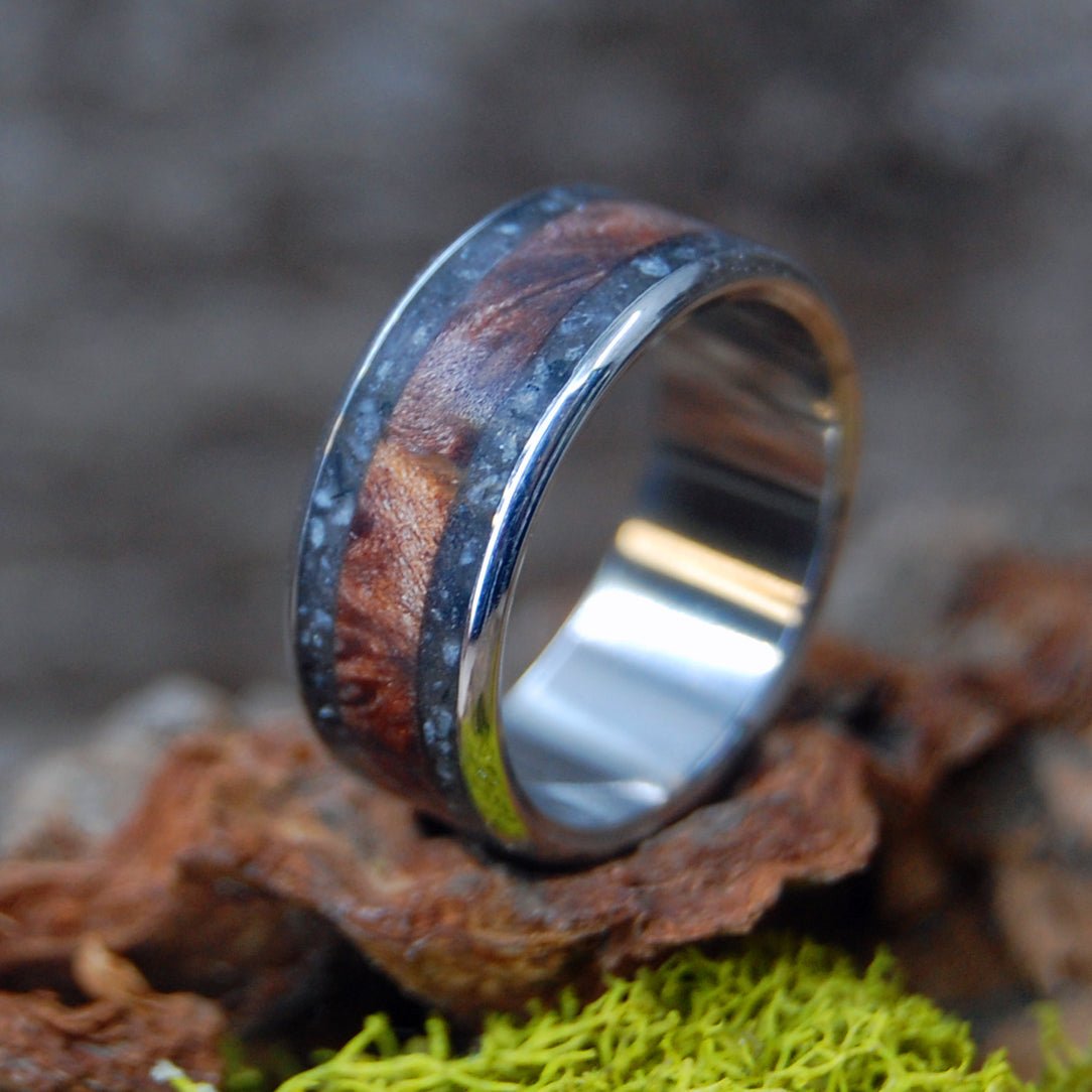 Inox Redwoods By Lake Tahoe | Men's Lake Tahoe Beach Sand, Rocks, Redwood & Inox Steel Wedding Ring - Minter and Richter Designs