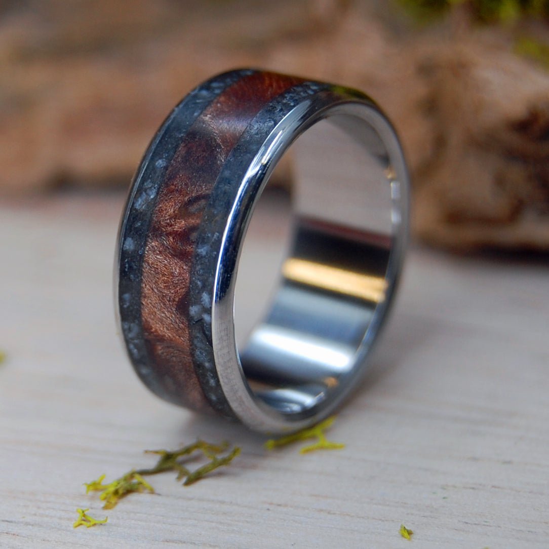 Inox Redwoods By Lake Tahoe | Men's Lake Tahoe Beach Sand, Rocks, Redwood & Inox Steel Wedding Ring - Minter and Richter Designs