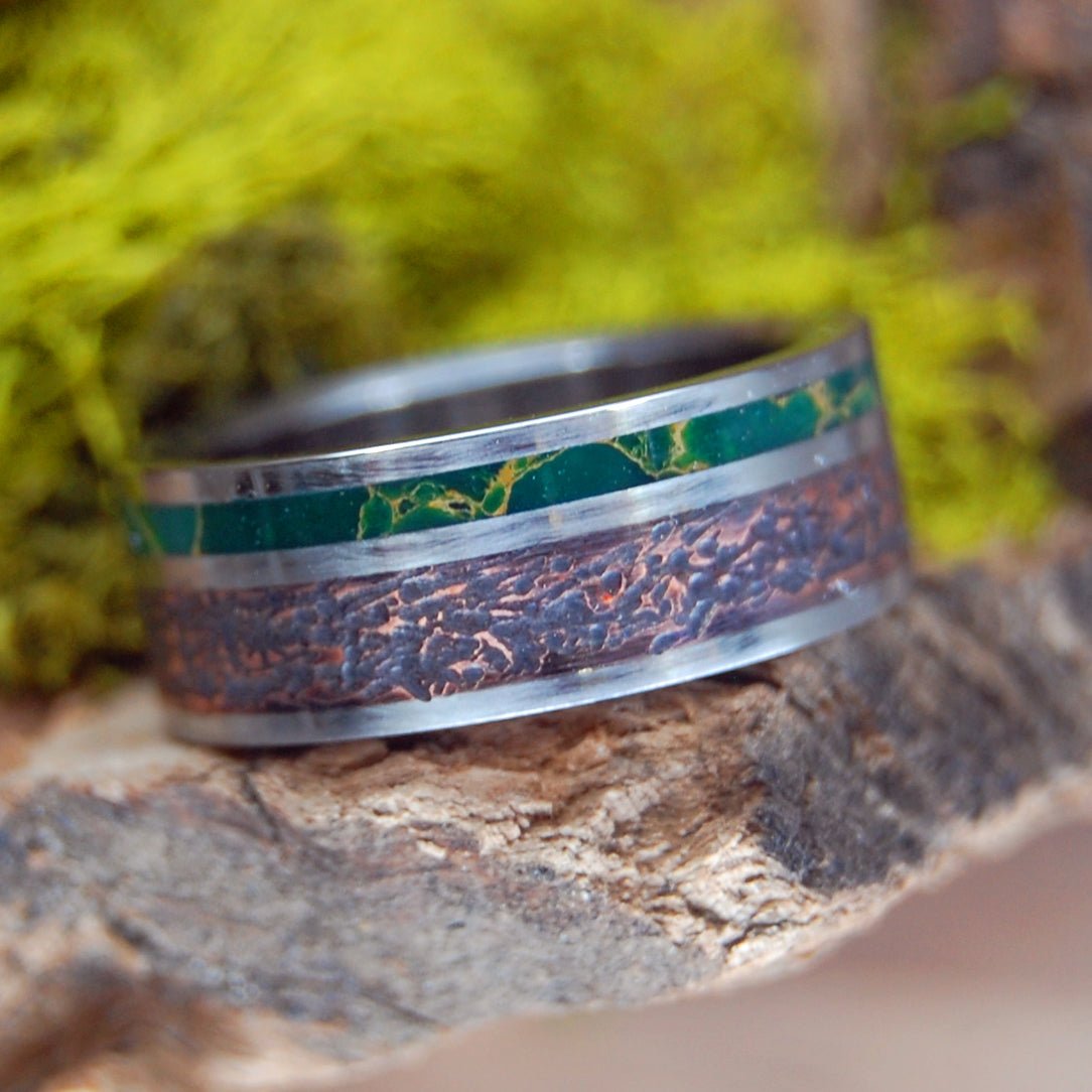 Inox Relish And Replenish | Men's Beaten Copper, Egyptian Jade & Titanium Wedding Ring - Minter and Richter Designs