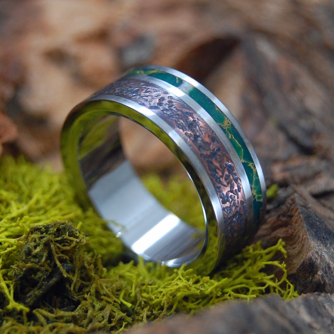 Inox Relish And Replenish | Men's Beaten Copper, Egyptian Jade & Titanium Wedding Ring - Minter and Richter Designs