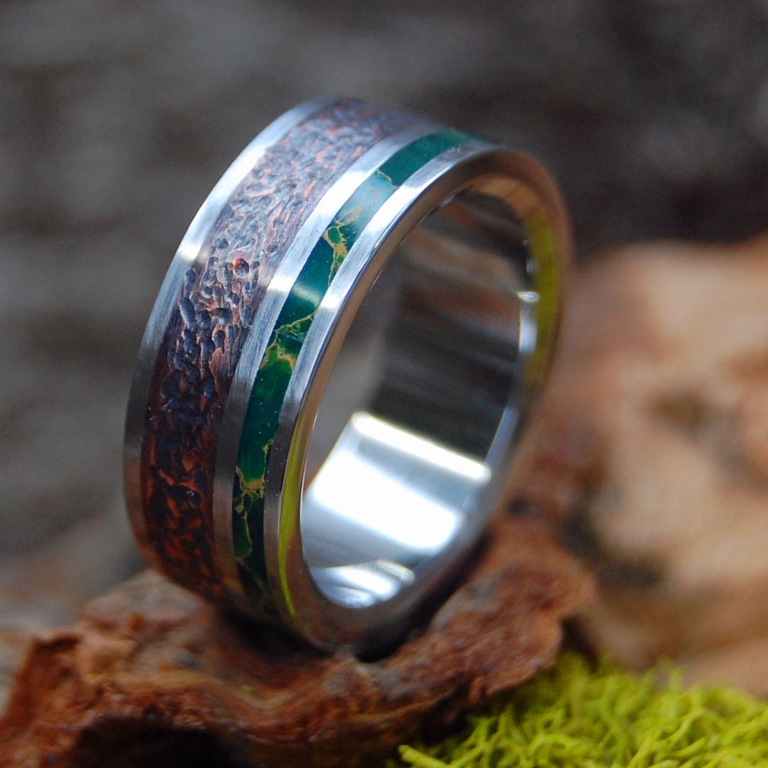 Inox Relish And Replenish | Men's Beaten Copper, Egyptian Jade & Titanium Wedding Ring - Minter and Richter Designs