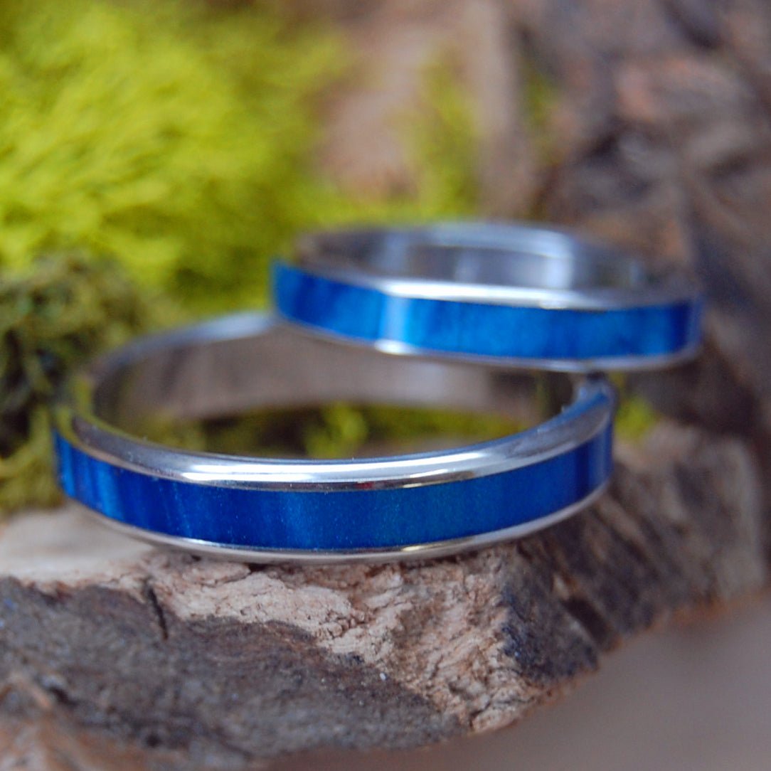 Inox Sapphire Blue | Blue Marbled Opalescent - Matching Inox Steel Wedding Ring Set - Minter and Richter Designs