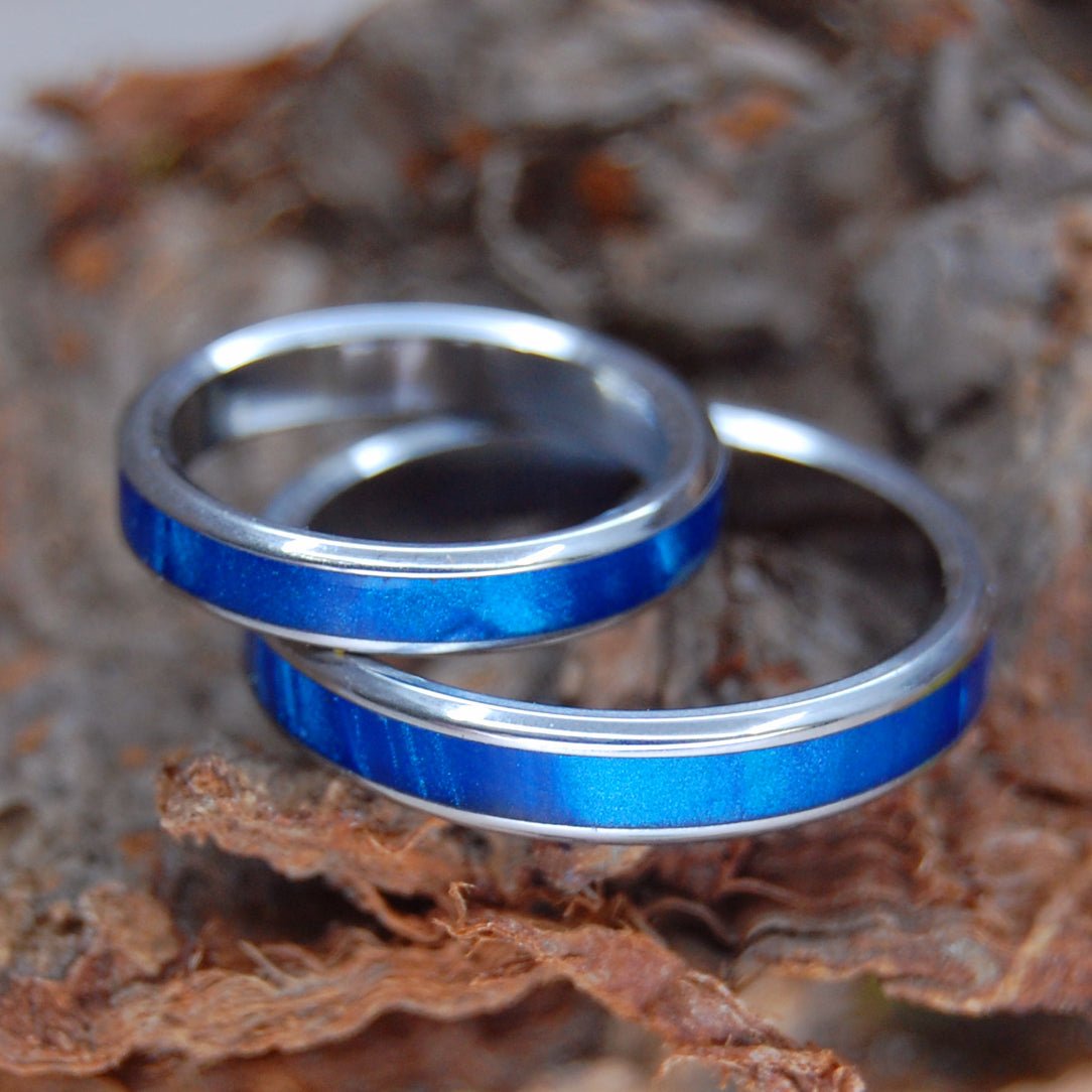 Inox Sapphire Blue | Blue Marbled Opalescent - Matching Inox Steel Wedding Ring Set - Minter and Richter Designs