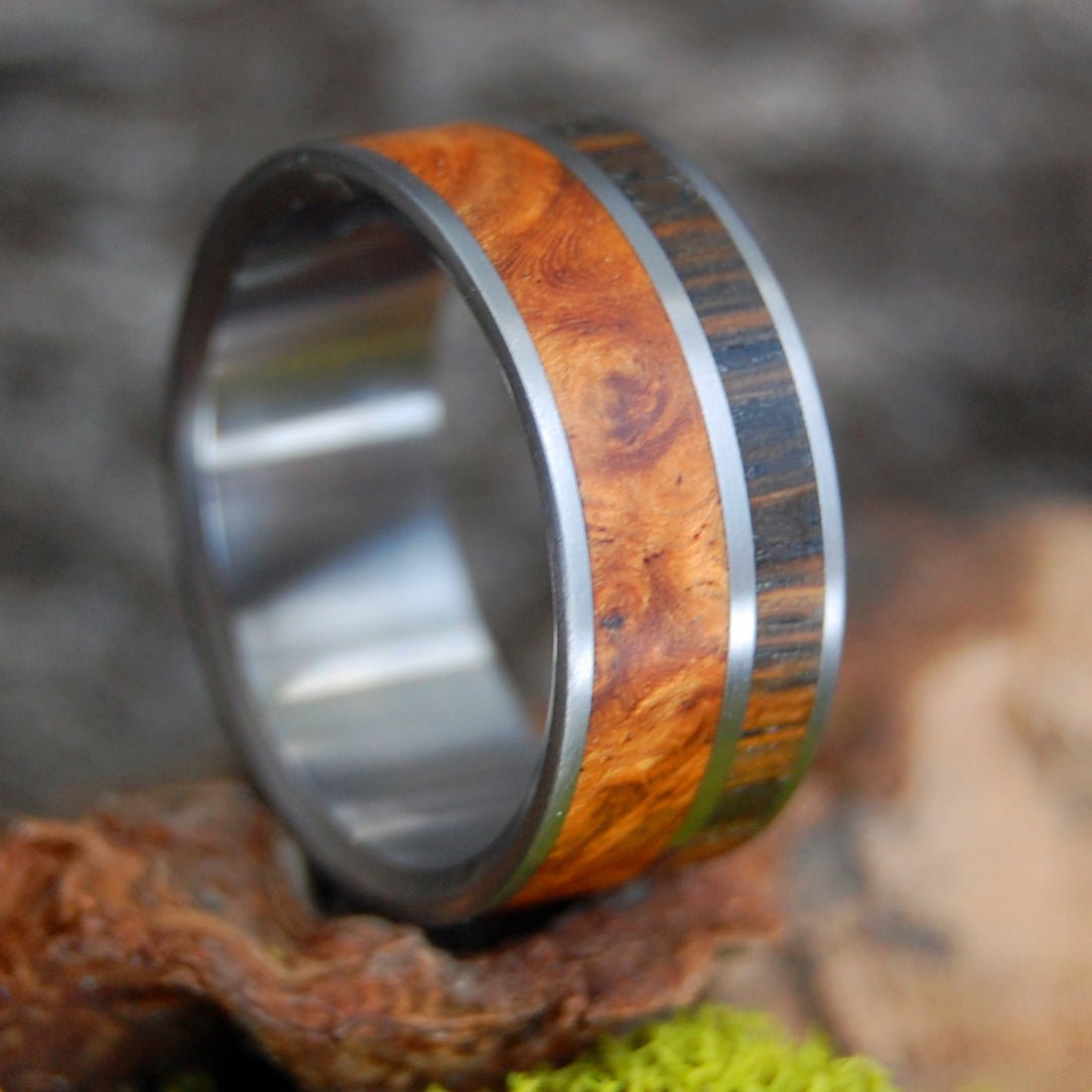 Irish Eyes | Men's Irish Bog Oak, Amboyna Wood & Titanium Wedding Ring - Minter and Richter Designs