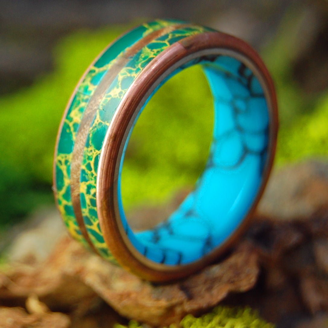 JADE IN THE DESERT | Size 12.5 At 7.9mm | Egyptian Jade and Redwood | Titanium Wedding Ring | On Sale - Minter and Richter Designs