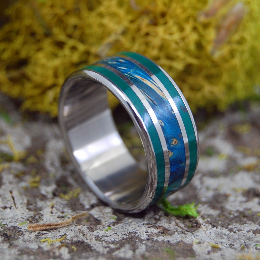 Jade Path To The Sea | Men's Jade Stone, Blue Box Elder Wood & Titanium Wedding Ring - Minter and Richter Designs