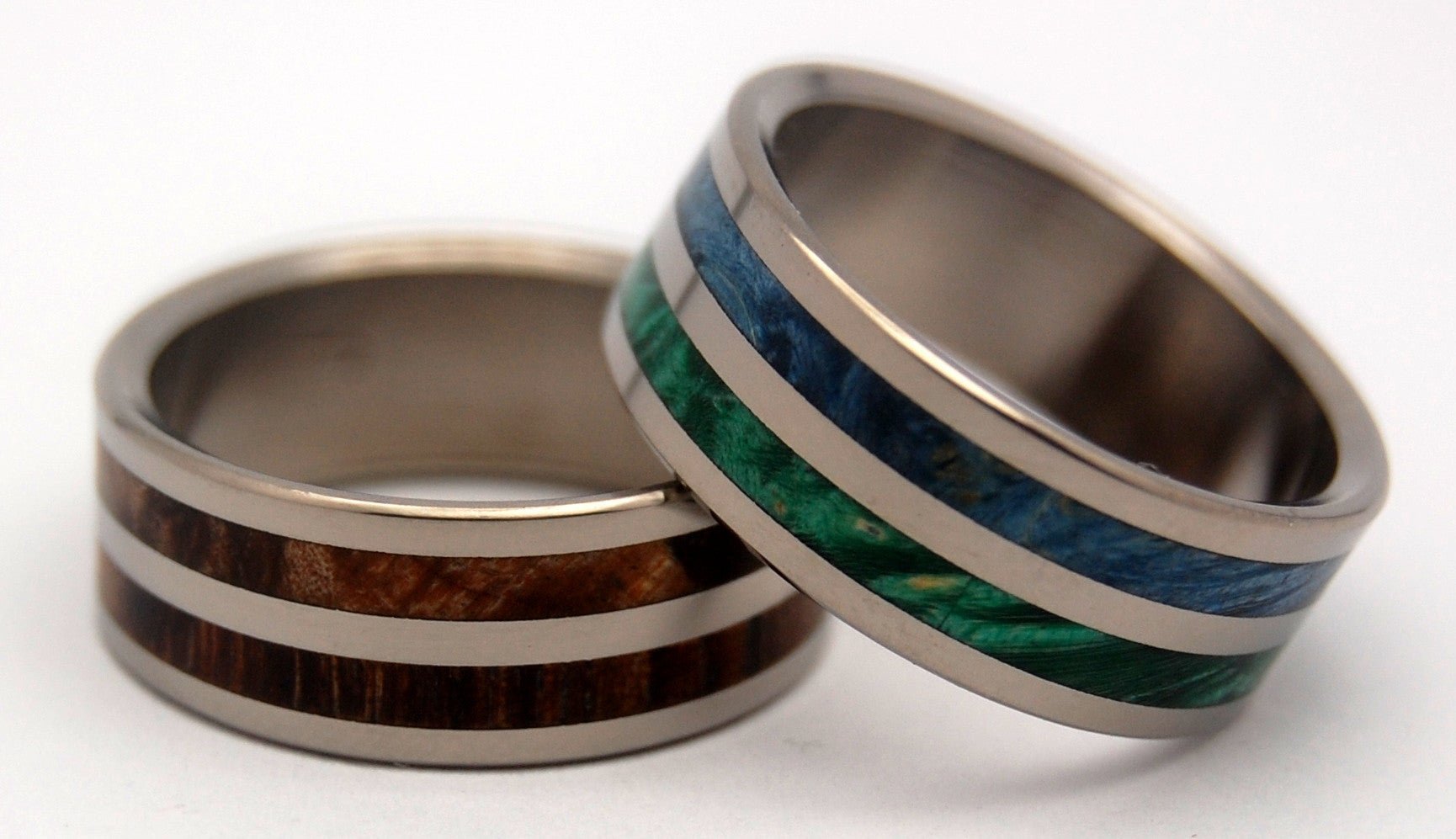 Jungle Bear | Box Elder Wood & Cocobolo Wood - Unique Wedding Ring - His And Hers Titanium Wedding Ring Set - Minter and Richter Designs