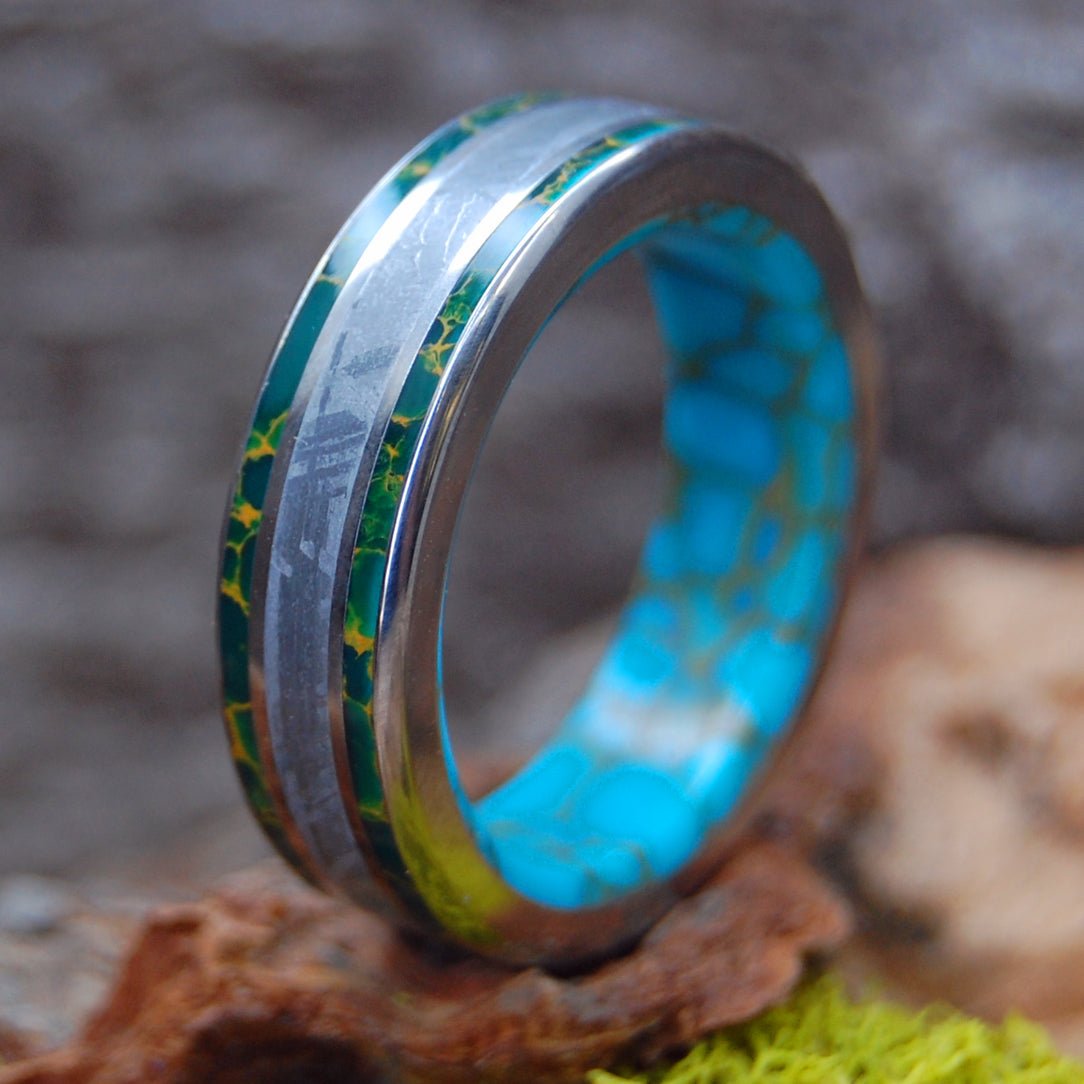 Jungle Meteorite | Men's Meteorite, Tibetan Turquoise, Egyptian Jade & Titanium Wedding Ring - Minter and Richter Designs