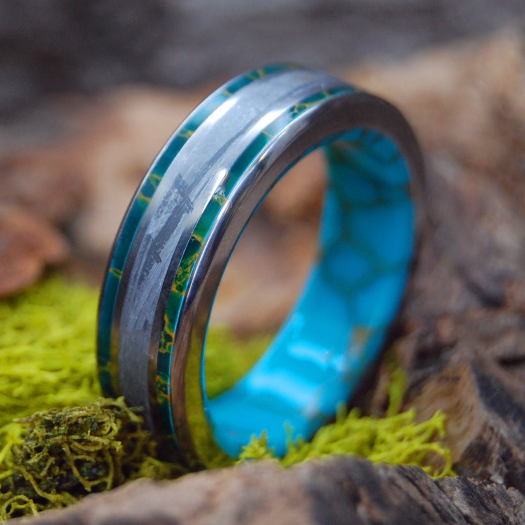 Jungle Meteorite | Men's Meteorite, Tibetan Turquoise, Egyptian Jade & Titanium Wedding Ring - Minter and Richter Designs