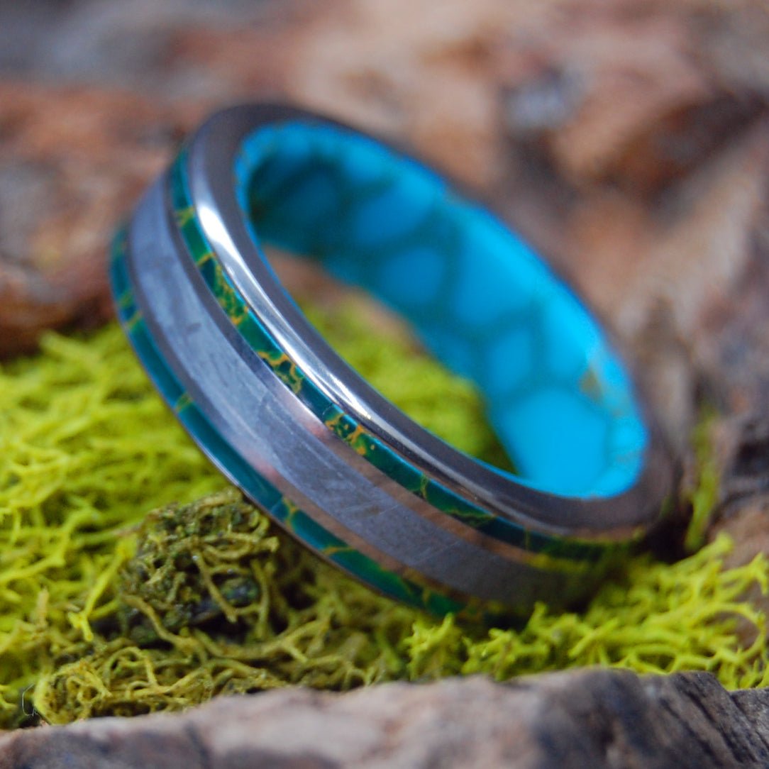 Jungle Meteorite | Men's Meteorite, Tibetan Turquoise, Egyptian Jade & Titanium Wedding Ring - Minter and Richter Designs