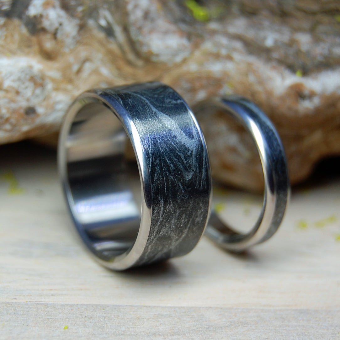 Katana | Black Silver M3 Mokume Gane & Titanium - Black Wedding Ring - Unique Wedding Ring Sets - Minter and Richter Designs