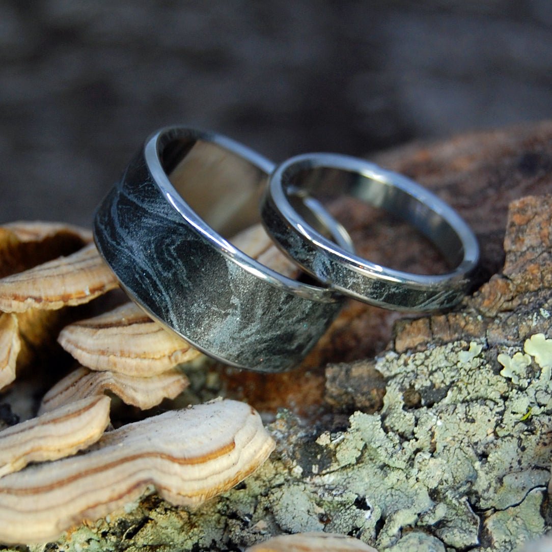 Katana | Black Silver M3 Mokume Gane & Titanium - Black Wedding Ring - Unique Wedding Ring Sets - Minter and Richter Designs