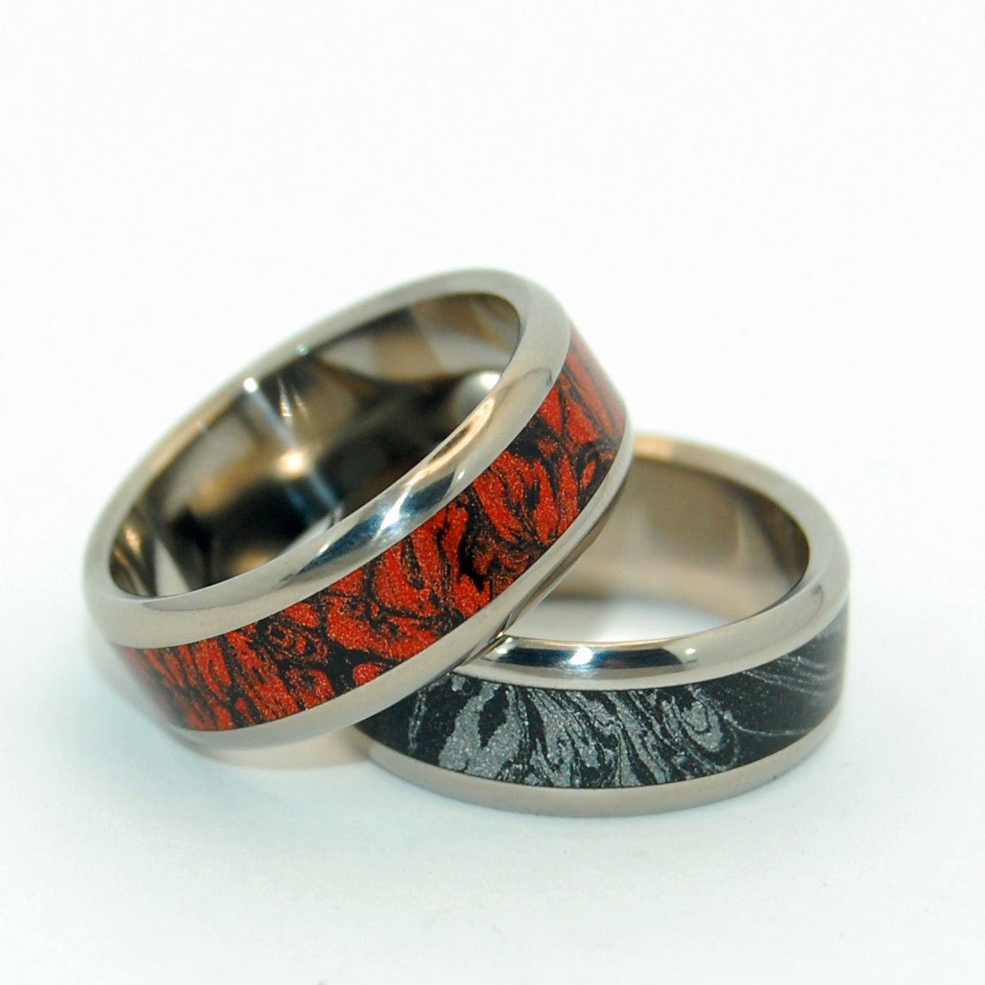 Katana Red & Black | M3 Mokume Gane & Titanium - Black Wedding Ring - Unique Wedding Ring Sets - Minter and Richter Designs